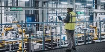 Man holding a laptop computer and analyzing cybersecurity of manufacturing environment